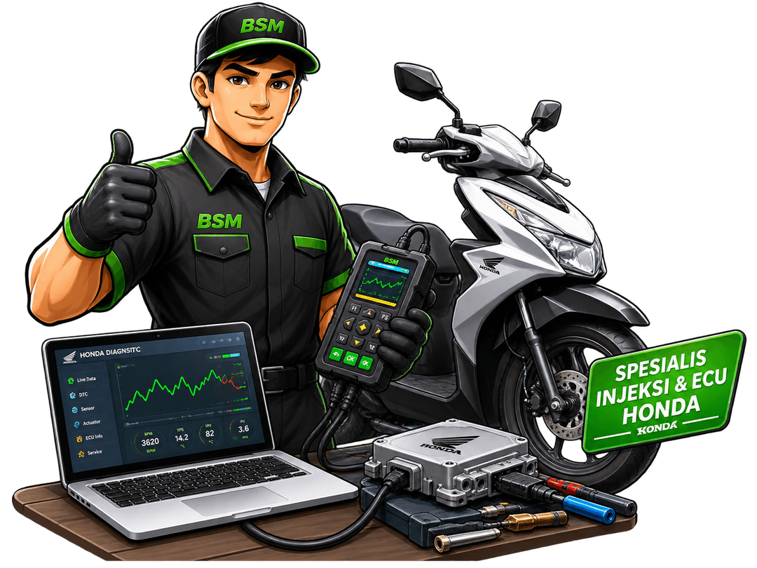 Teknisi BSM memegang alat diagnosa injeksi motor Honda